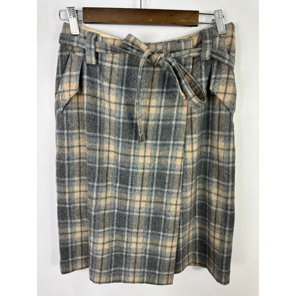 Talbots Skirt Womens 4 Grey Tan Plaid Wool Blend Wrap Tie Waist Pencil Career